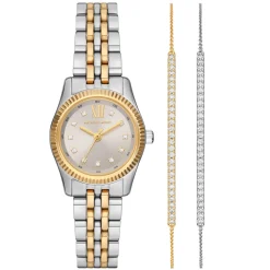 Michael Kors Lexington 26mm Stainless Steel and Yellow Gold Tone Watch and Crystal Bracelet Set