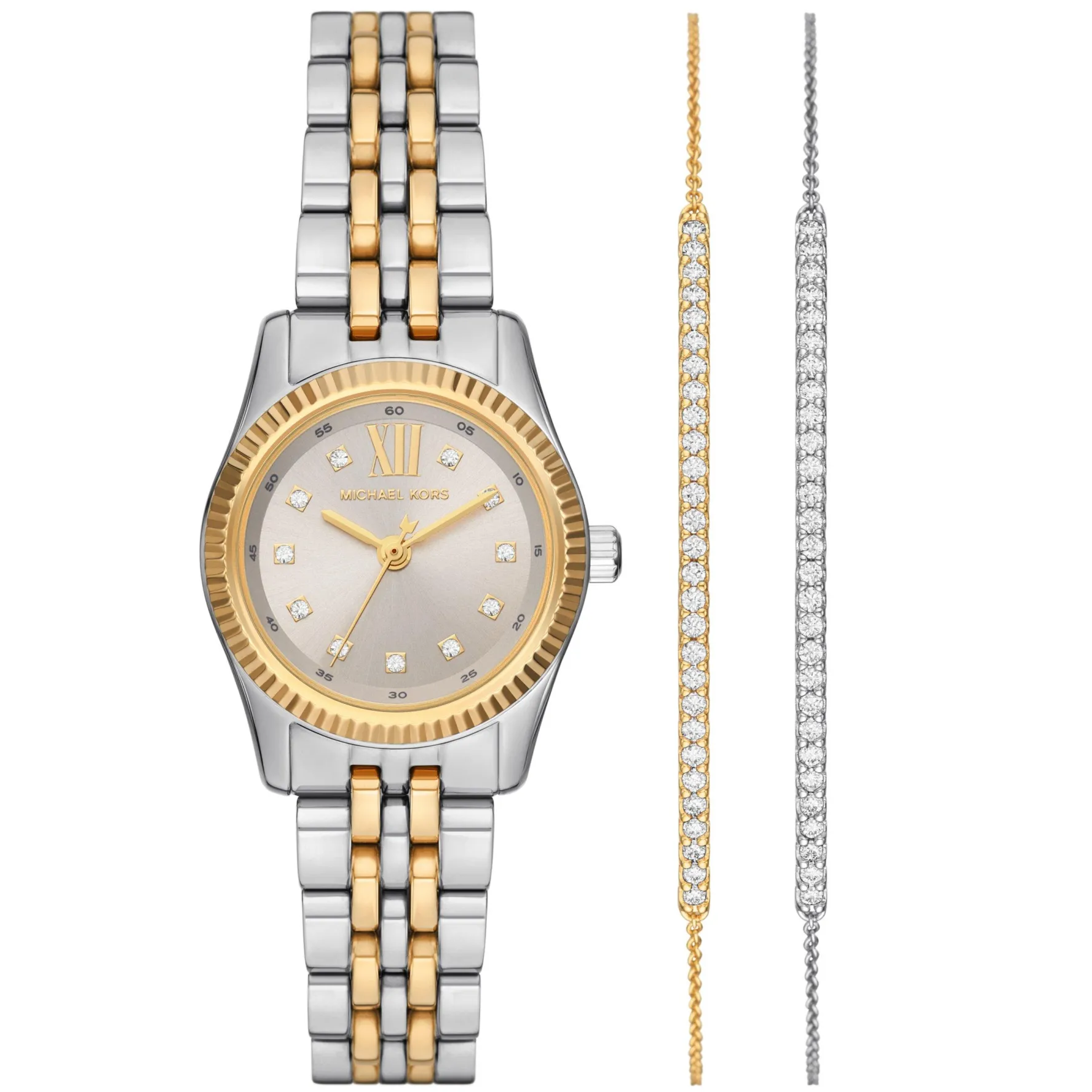 Michael Kors Lexington 26mm Stainless Steel and Yellow Gold Tone Watch and Crystal Bracelet Set