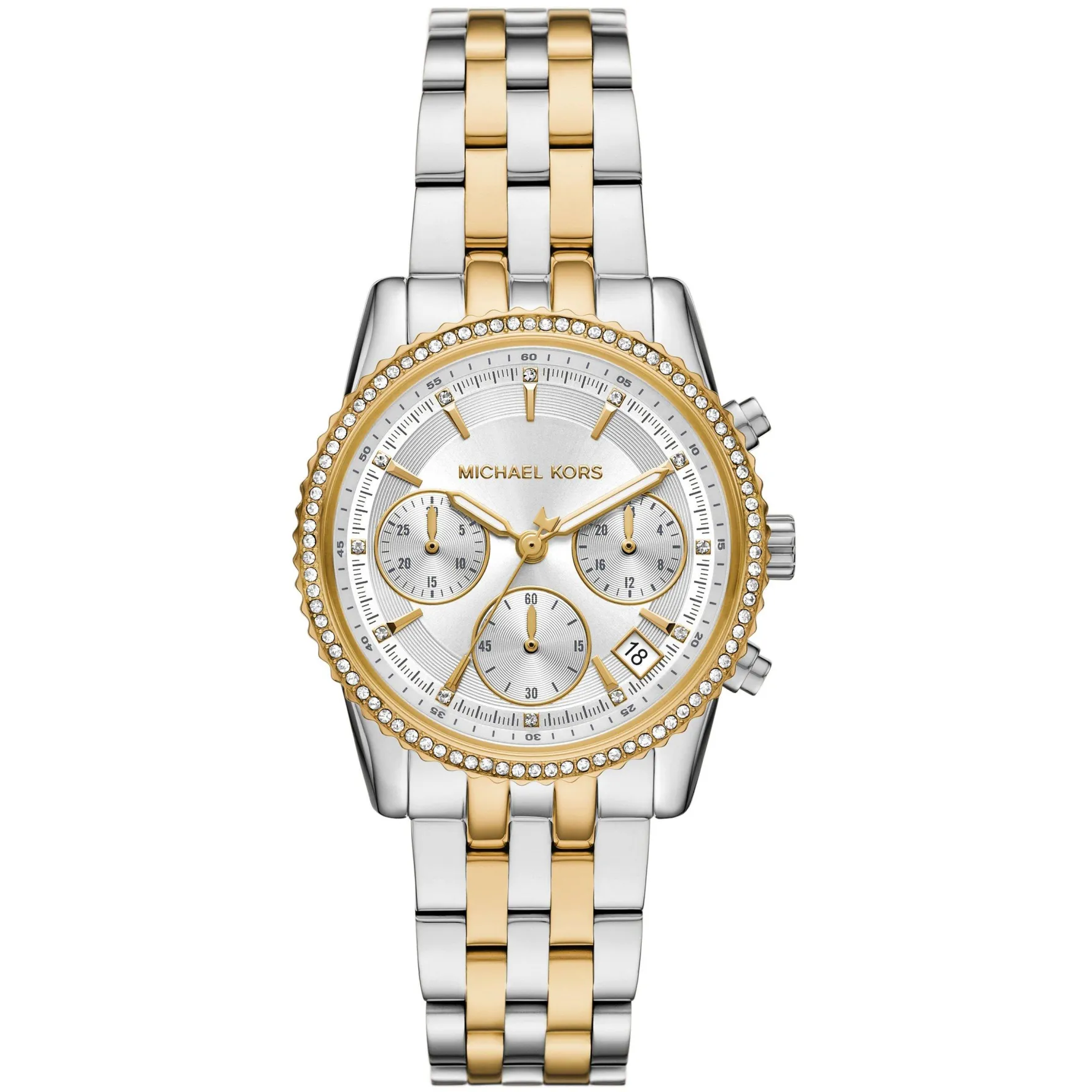Michael Kors Mini Bryant 35mm Stainless Steel and Yellow Gold Tone Crystal Chronograph Ladies Watch