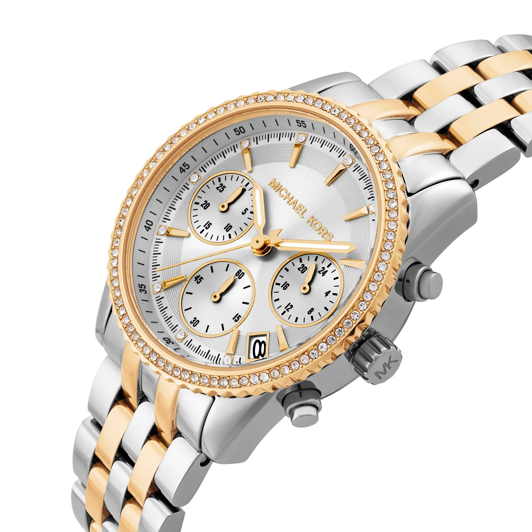 Michael Kors Mini Bryant 35mm Stainless Steel and Yellow Gold Tone Crystal Chronograph Ladies Watch