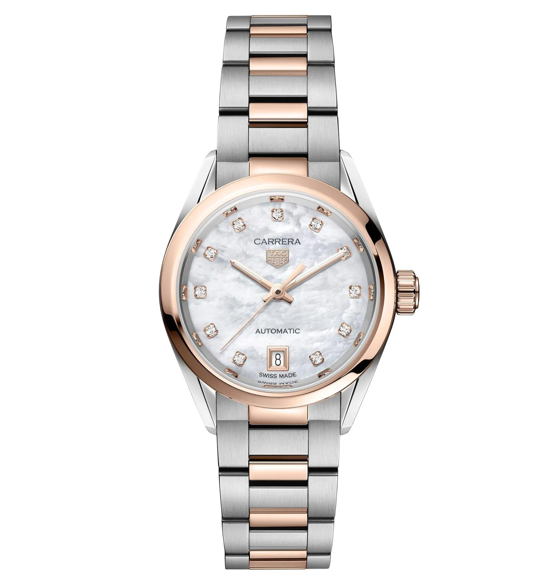 TAG Heuer Carrera Date 29mm Stainless Steel and 18K Rose Gold Diamond Automatic Ladies Watch