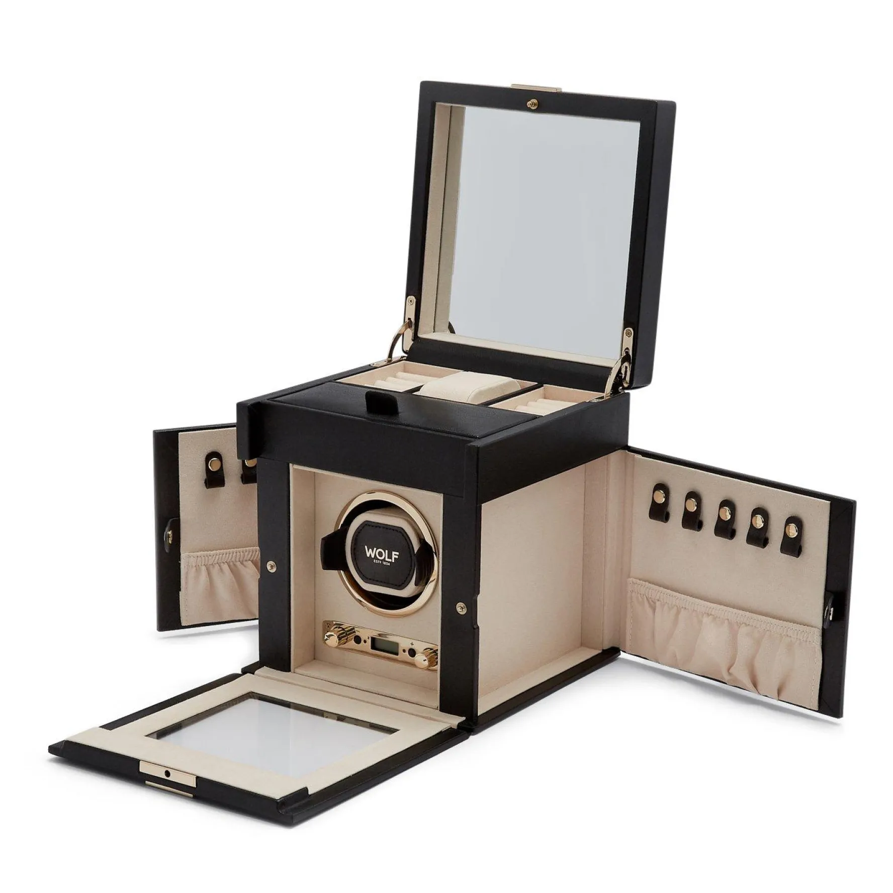 WOLF Palermo Black Watch Winder with Jewellery Storage