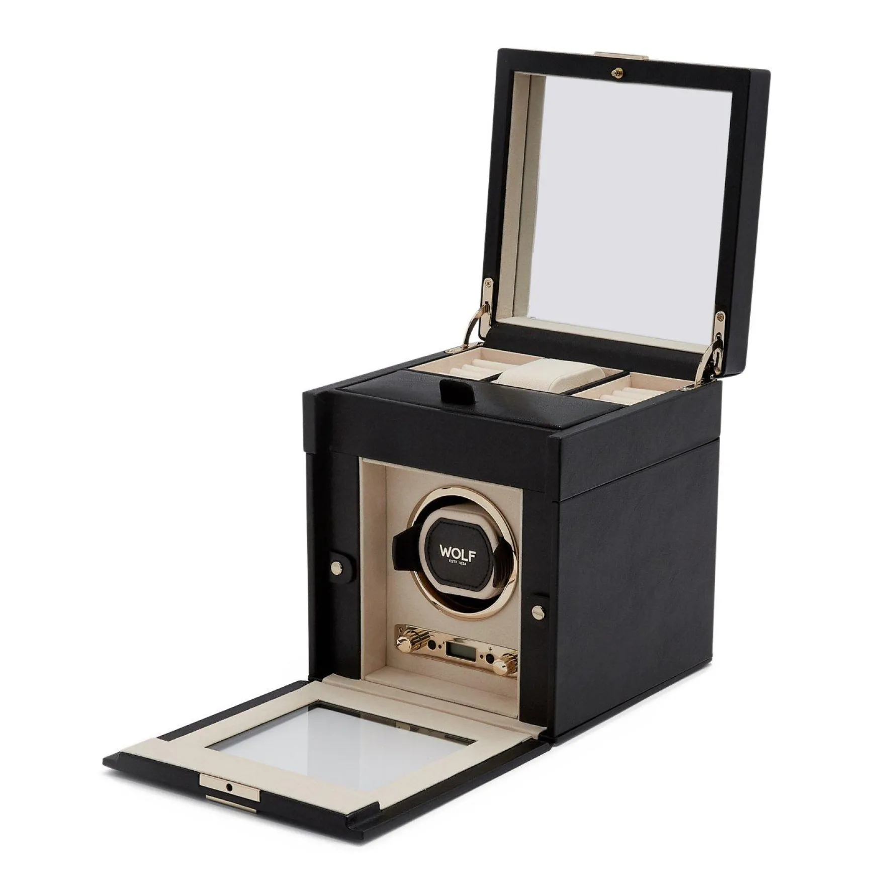 WOLF Palermo Black Watch Winder with Jewellery Storage